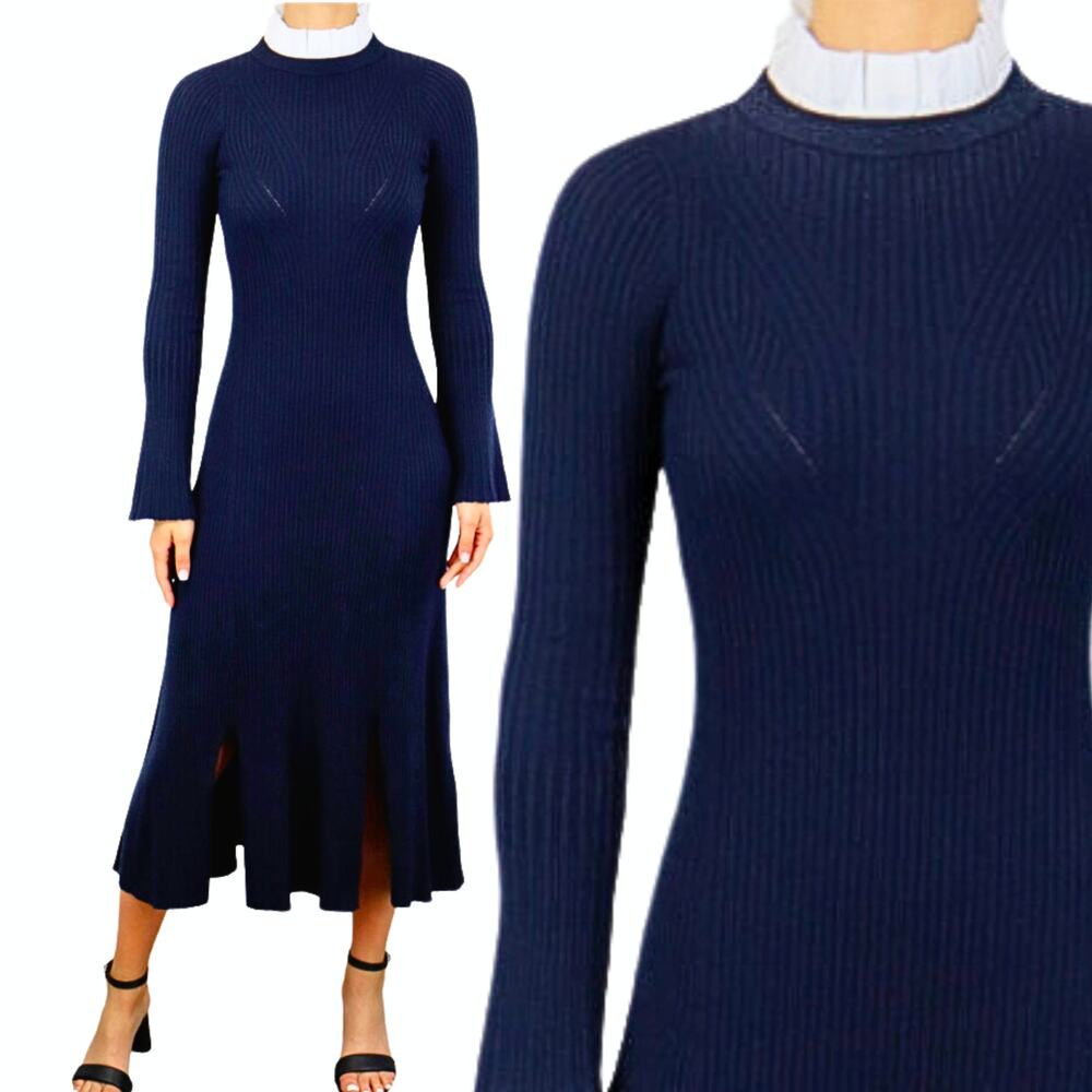 Sandro NWT Ribbed A-Line Midi Dress w/Contrast Ruffleed Stand Collar Navy Size 4
